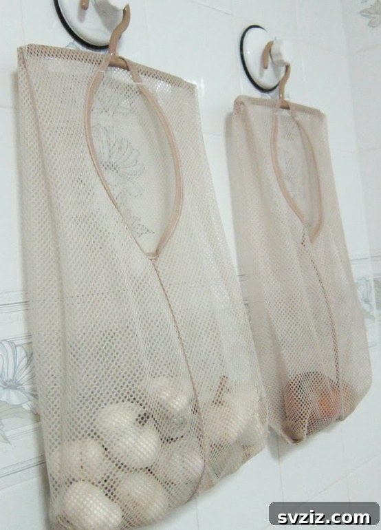 Mesh laundry bags repurposed for produce storage.