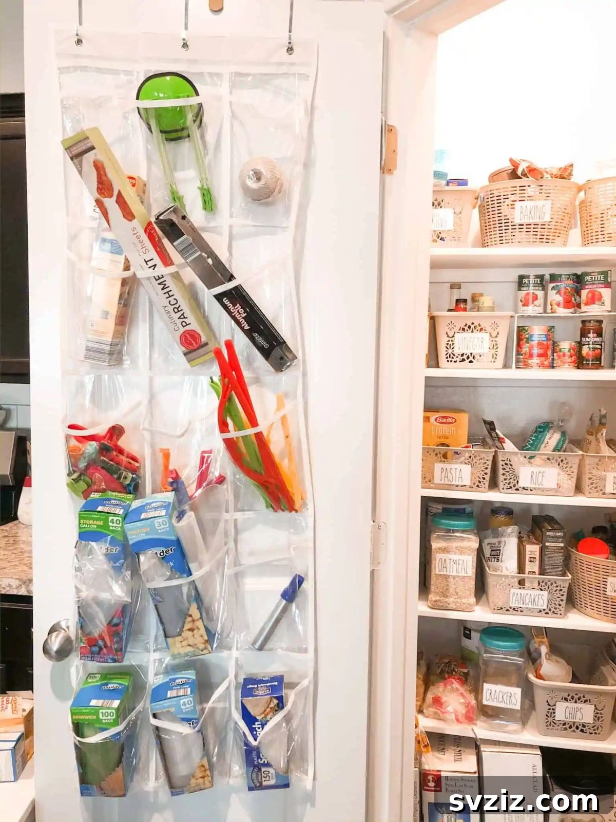 Over-the-door shoe organizer for pantry storage.