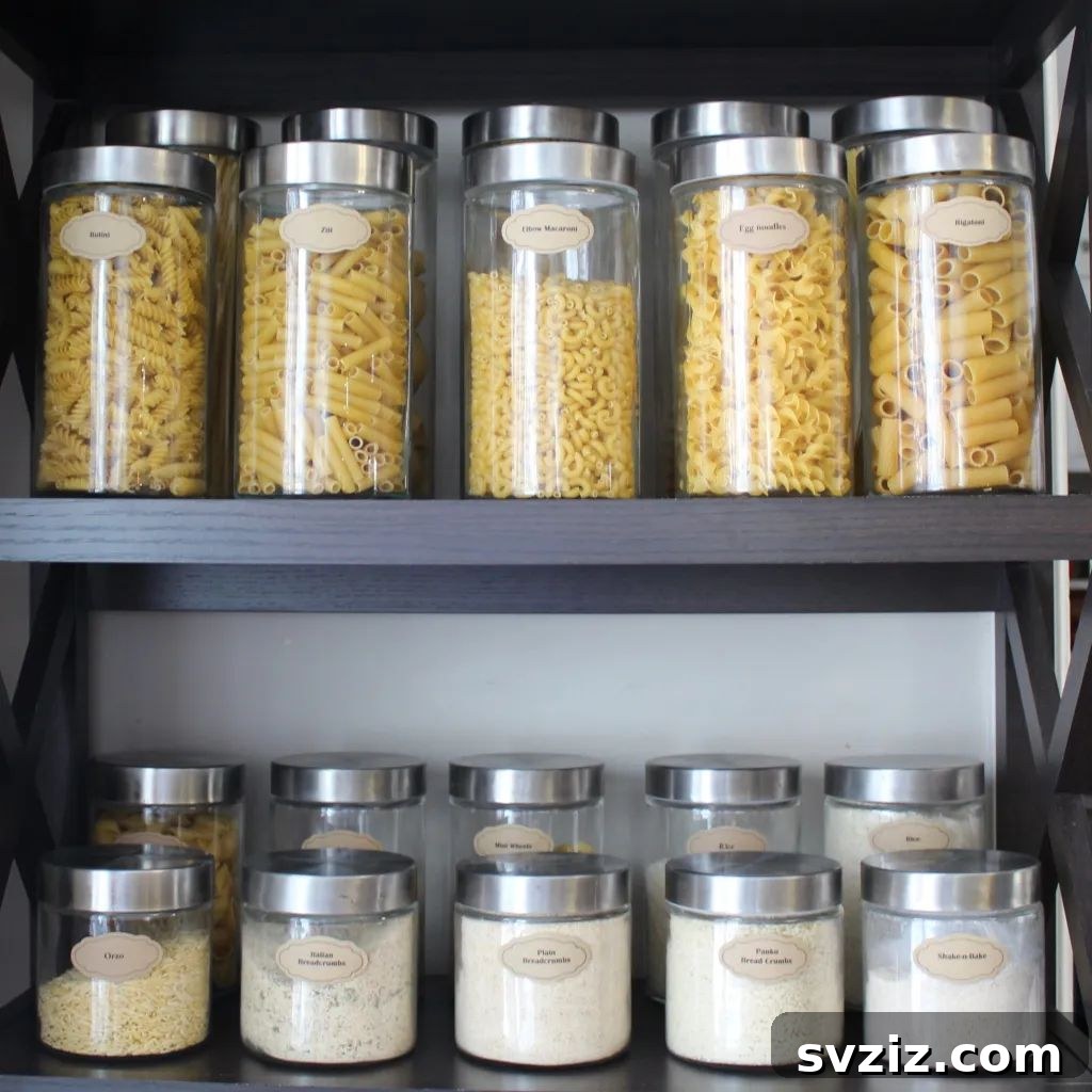 Glass containers for organizing various pasta types.