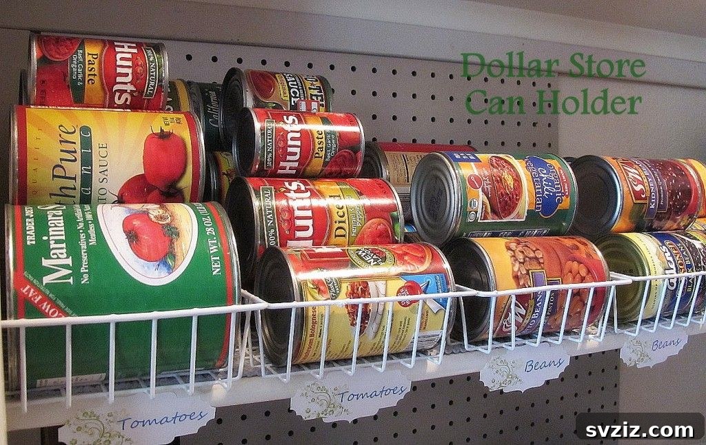 Efficient canned food organization using dollar store wire baskets.
