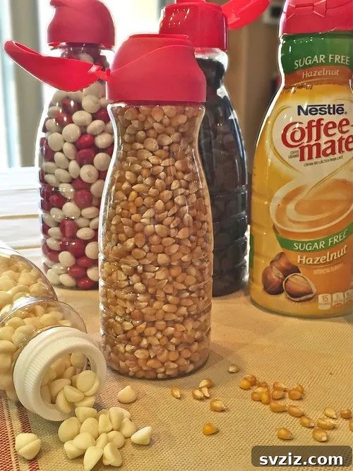 Repurposed coffee creamer containers for pantry dry goods.