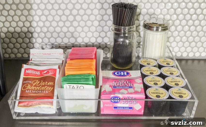 Acrylic tray creating an organized coffee station in the pantry.