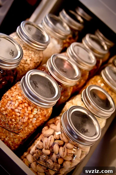 Pantry organization with classic Mason jars for dry goods.
