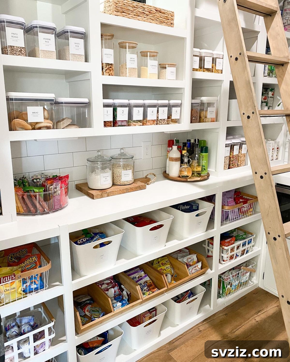 Small plastic storage bins for pantry organization.