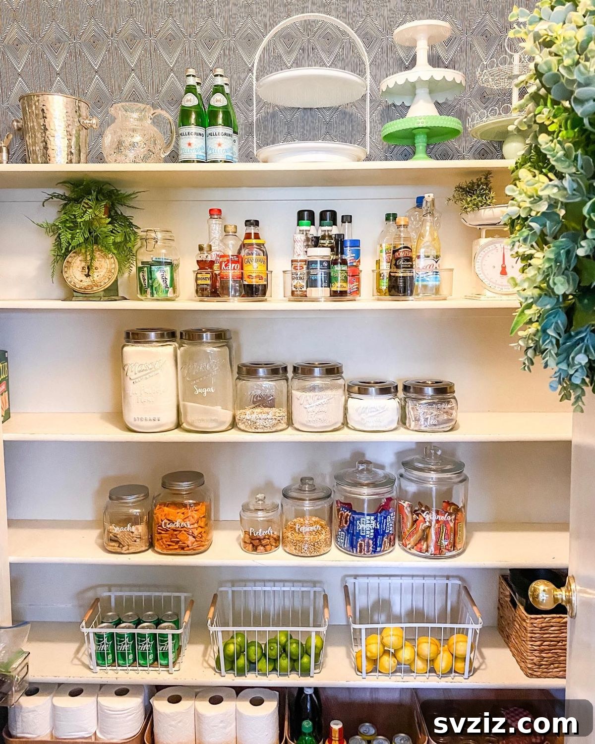 Wire produce baskets for storing fresh fruits and vegetables.