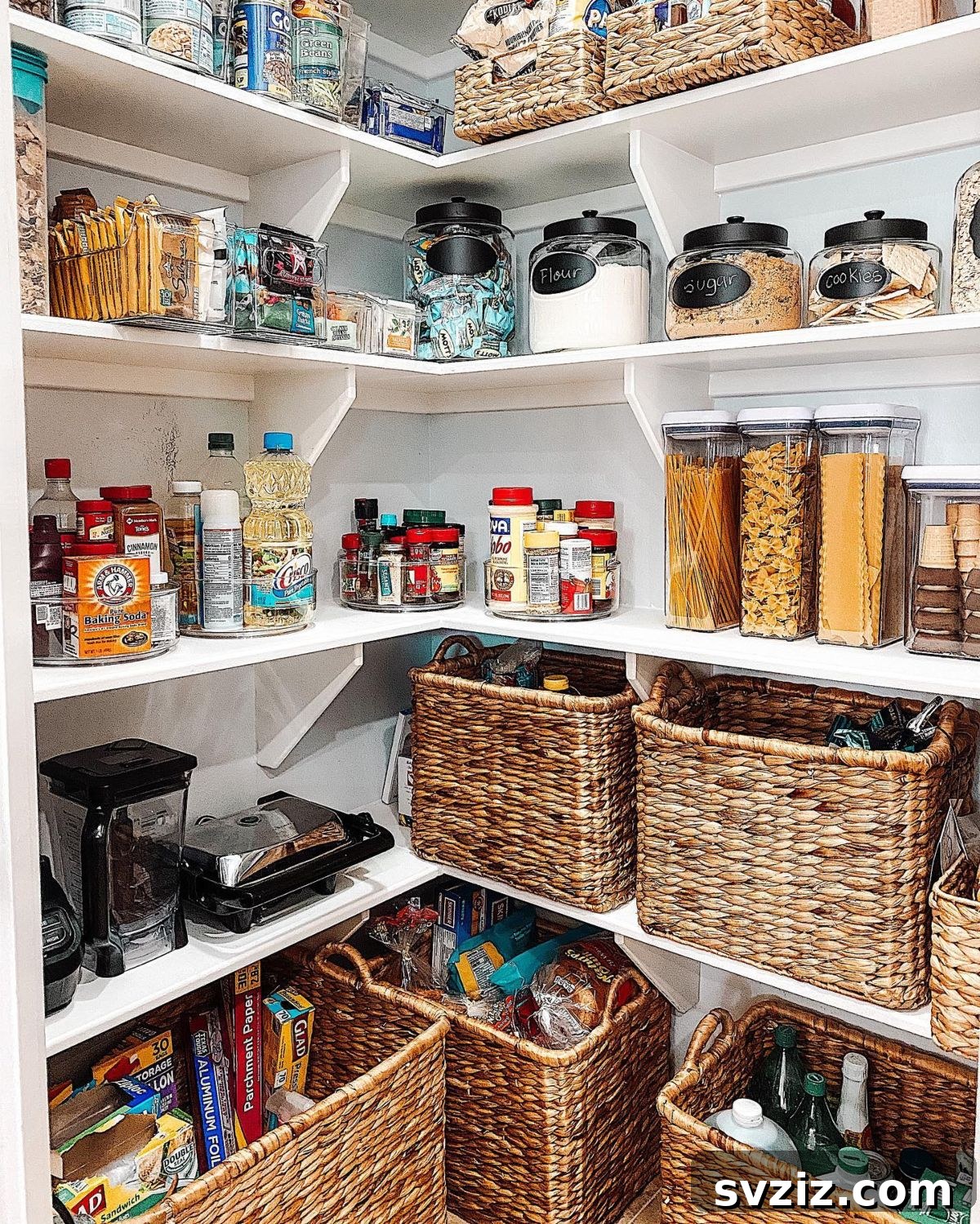 Decorative woven baskets for rustic pantry storage.