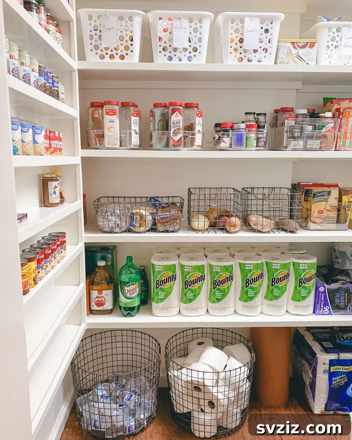Large wire baskets for bulk storage and pantry space utilization.