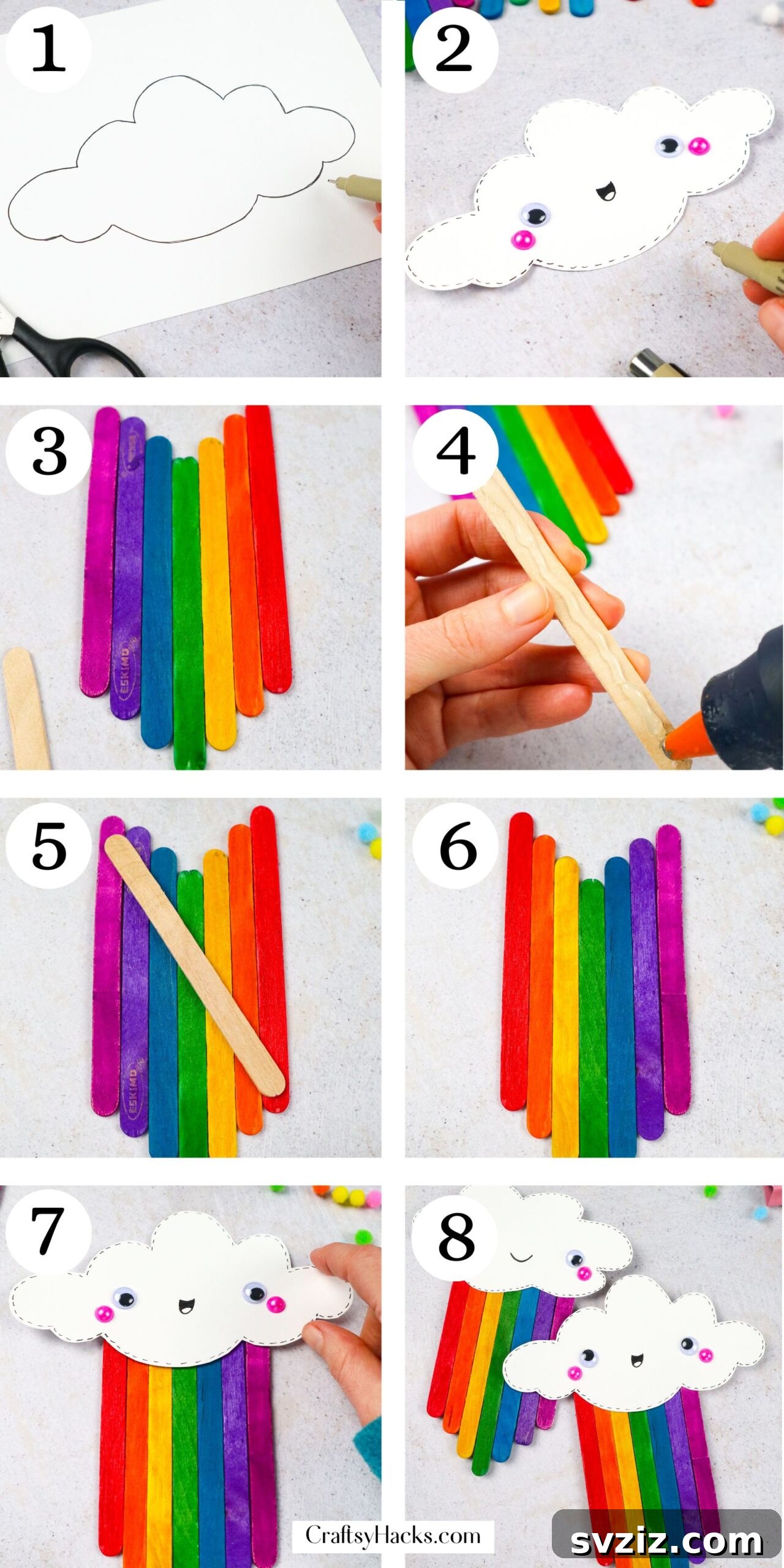 Popsicle Stick Rainbow Extravaganza 4 Step-by-step instructions for how to make a Popsicle Stick Rainbow, showing the crafting process in stages.