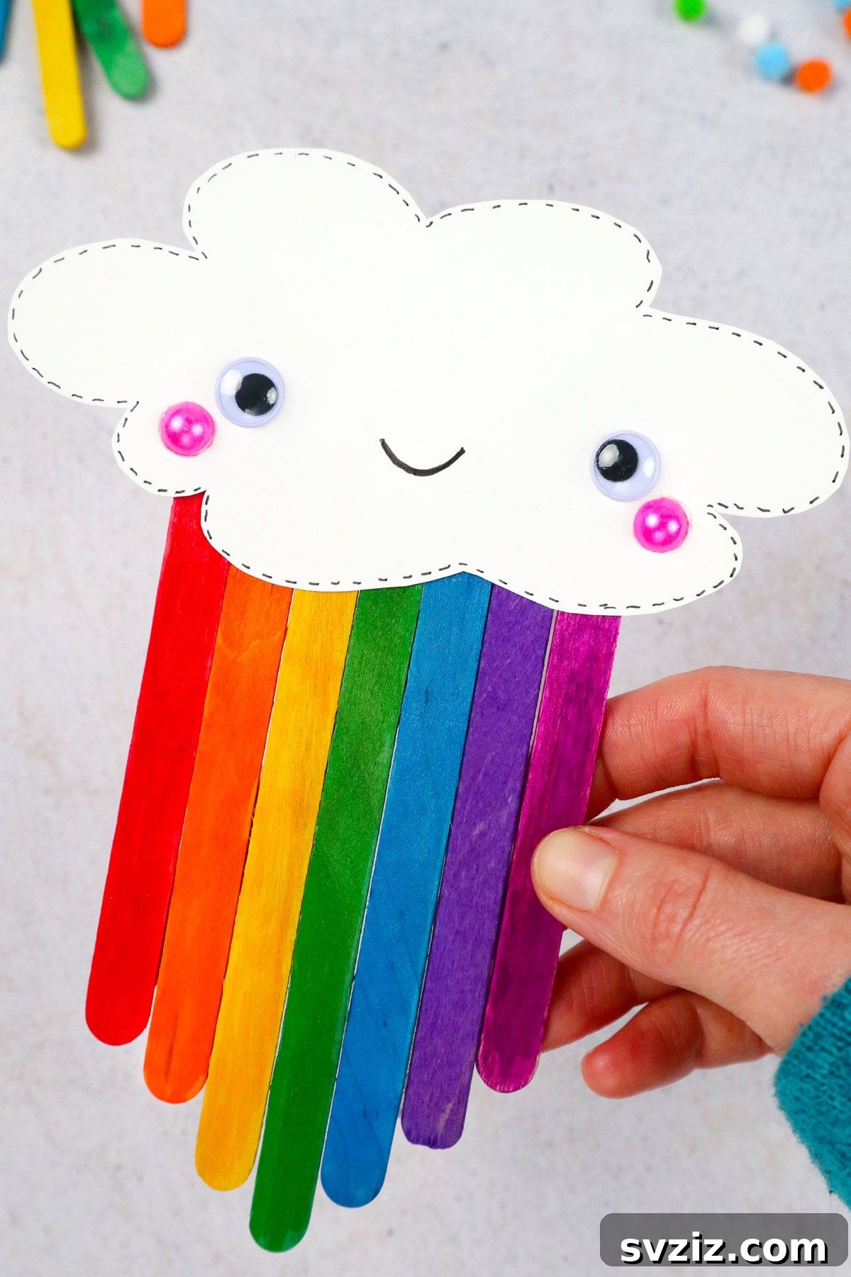 Popsicle Stick Rainbow Extravaganza 5 Colorful rainbow popsicle stick craft idea, showcasing multiple finished crafts.