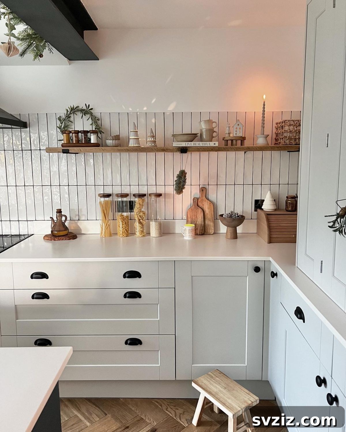 Rustic floating shelf with kitchen decor and dishes