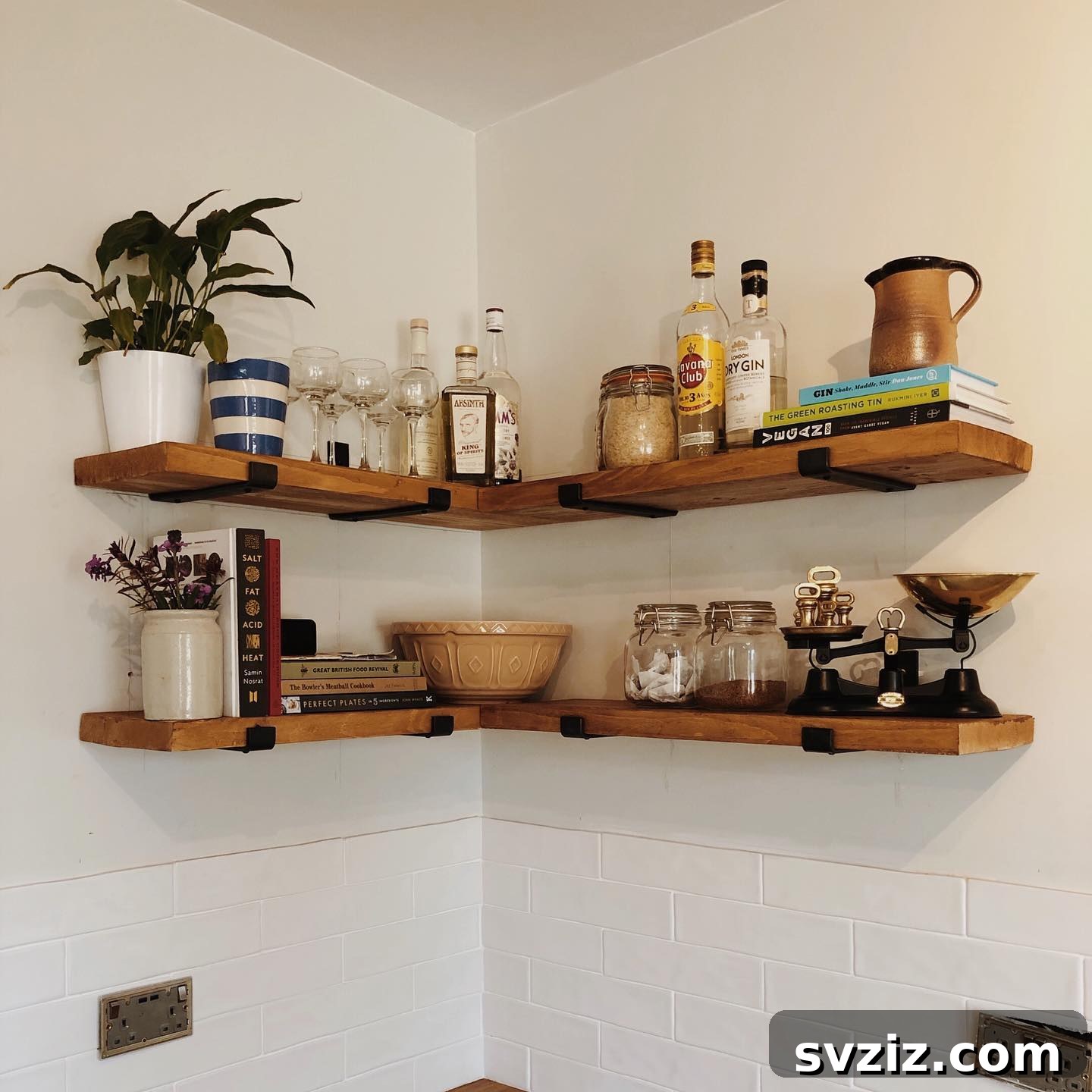 Simple wooden corner shelves in a kitchen