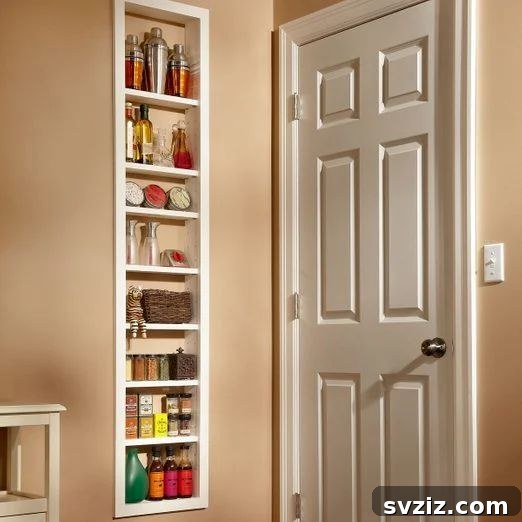 Custom built-in shelves in a kitchen wall niche