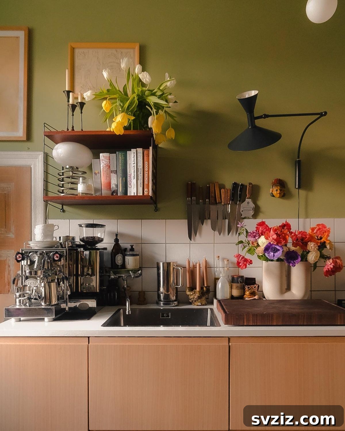 Wall-mounted magnetic knife holder with various kitchen knives