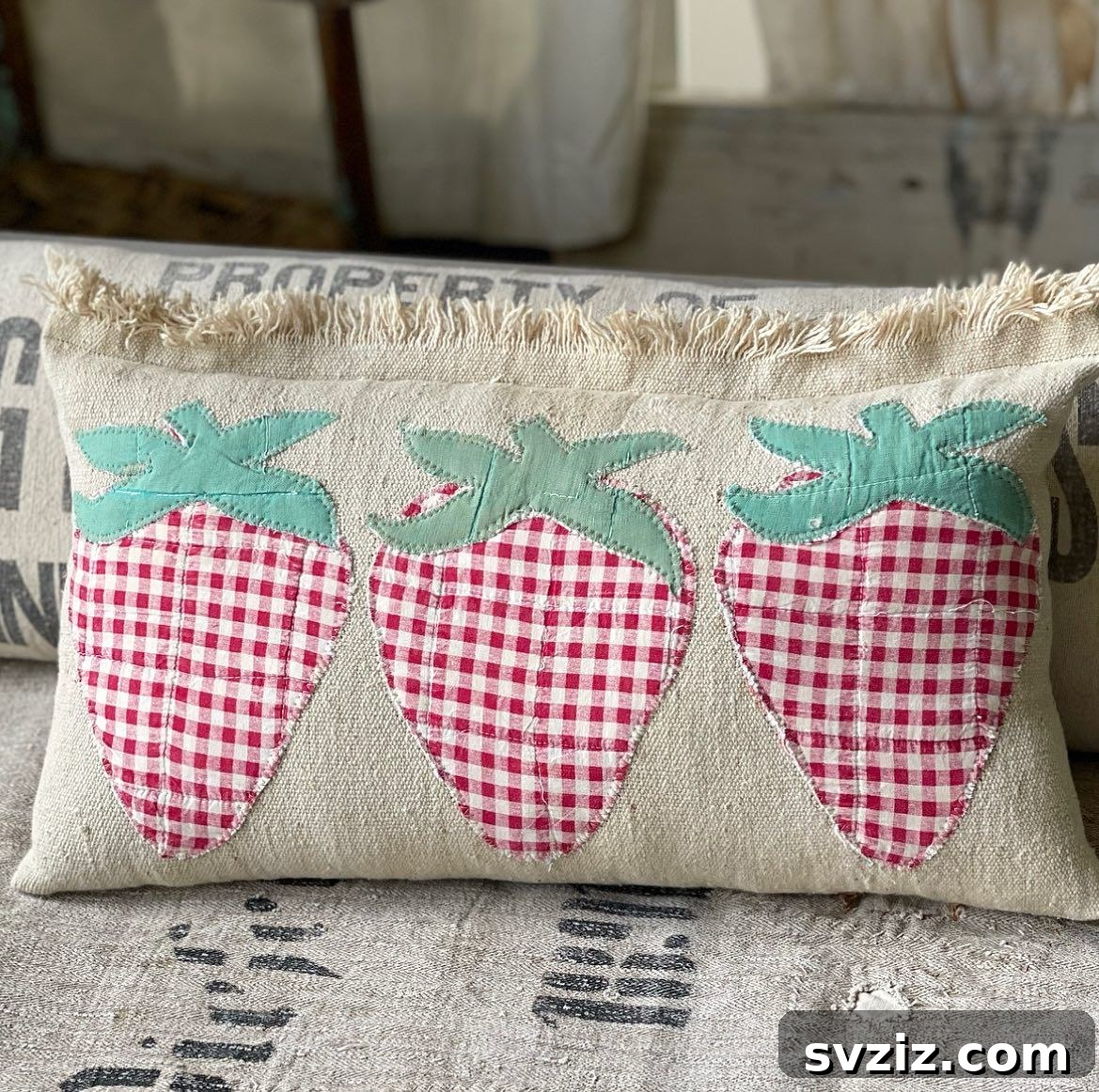 31 Gorgeous Summer Farmhouse Decor Ideas 8 Red Gingham Sack Cushion