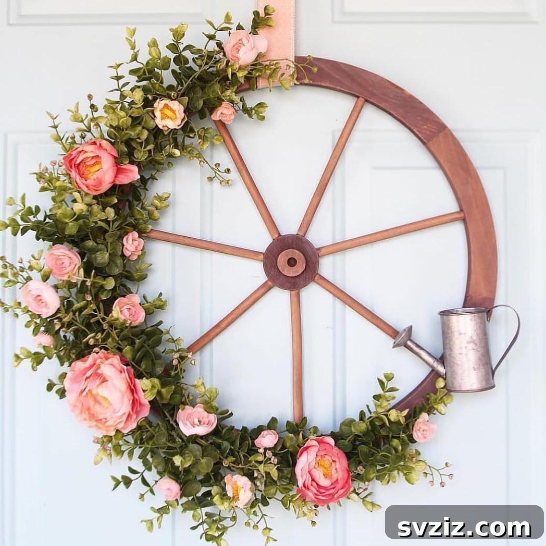 Gorgeous Summer Entryway Inspirations 8 wagon wheel farmhouse wreath