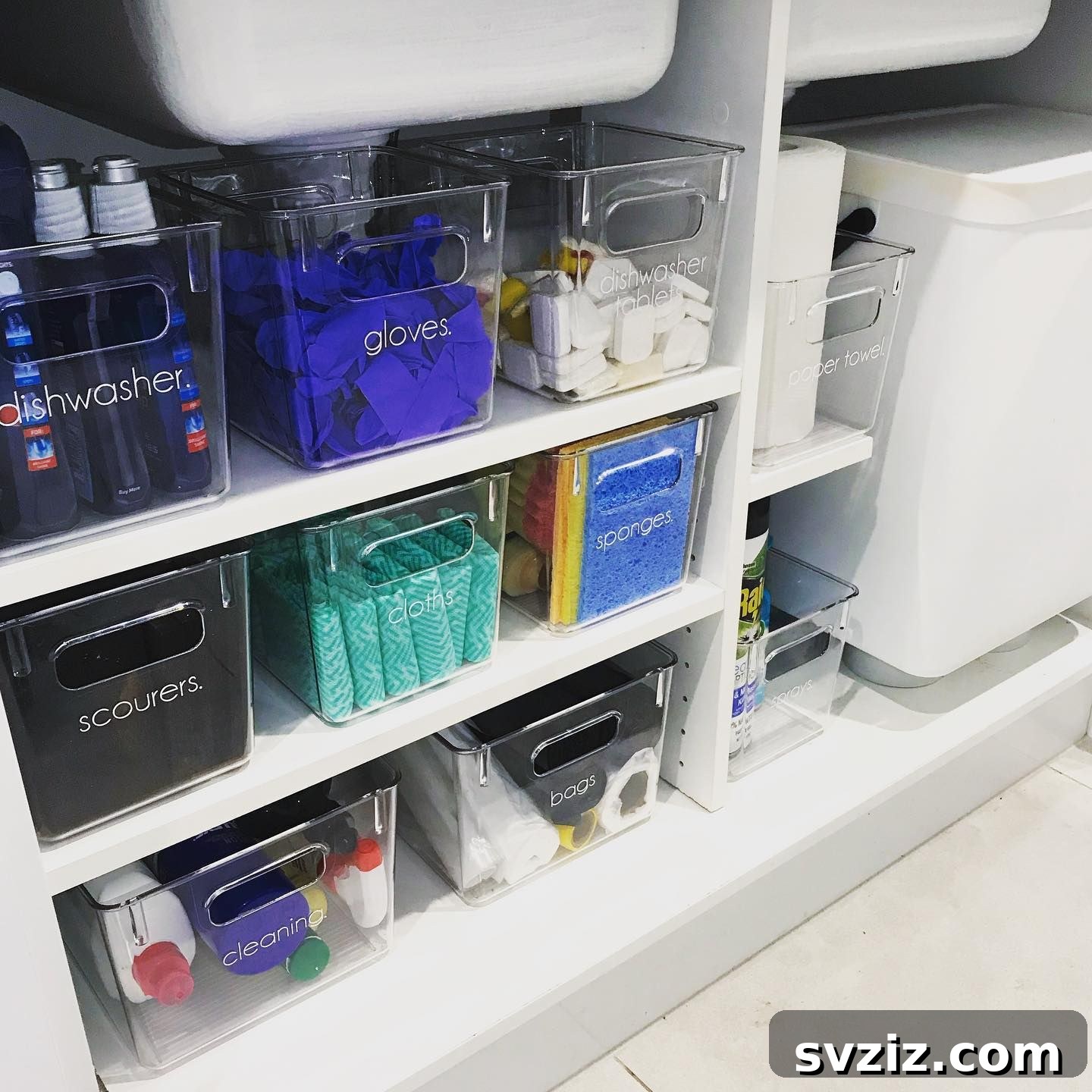 acrylic storage bins under kitchen sink