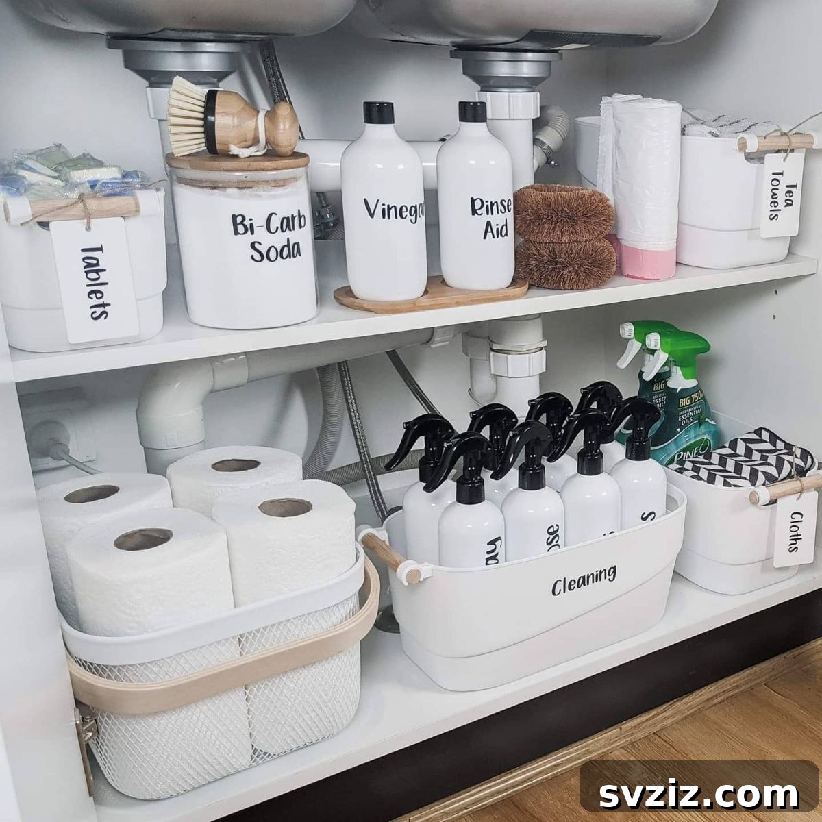clean white storage tubs for kitchen organization