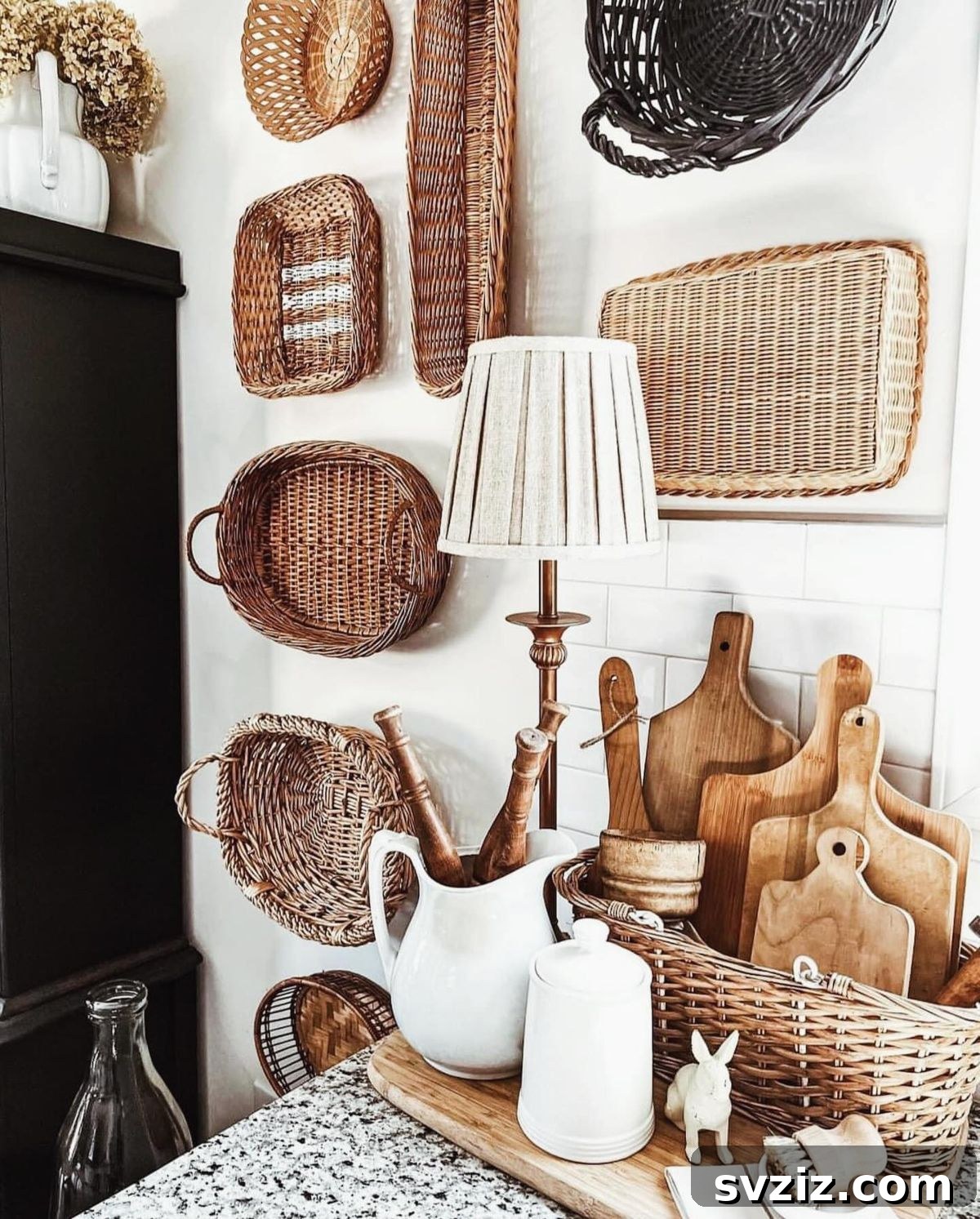 Decorative thrifted basket wall for rustic kitchen