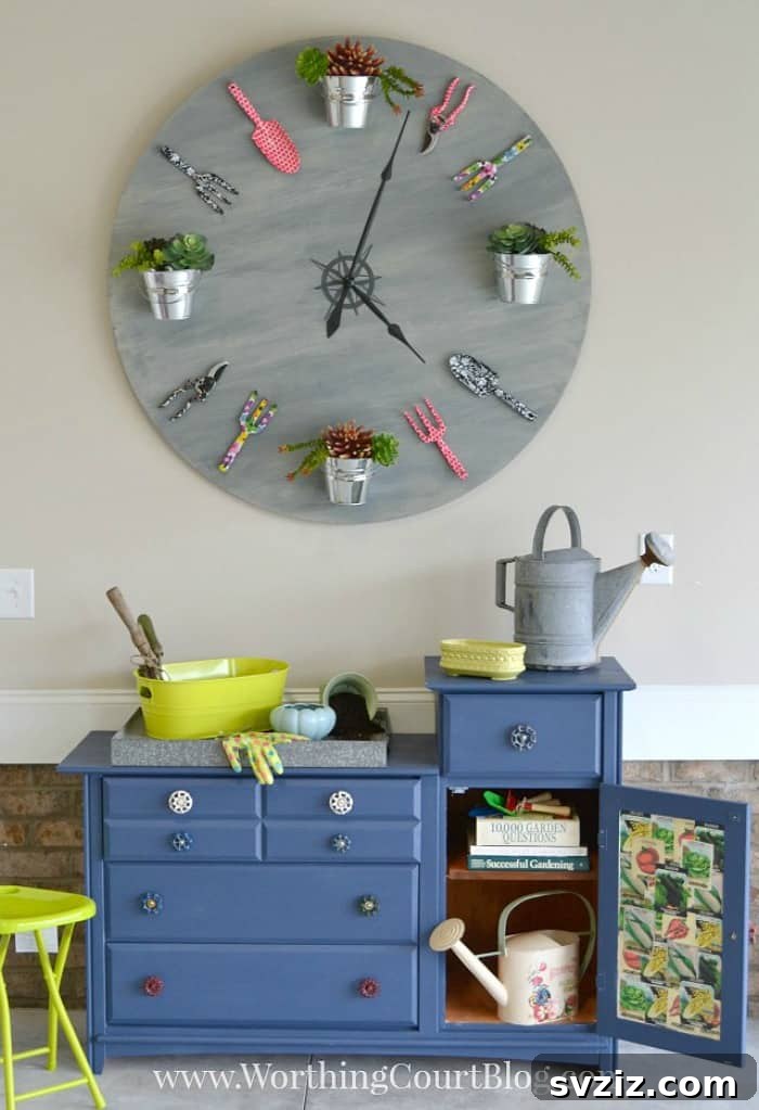 Decorative faux garden clock for eclectic cottage style
