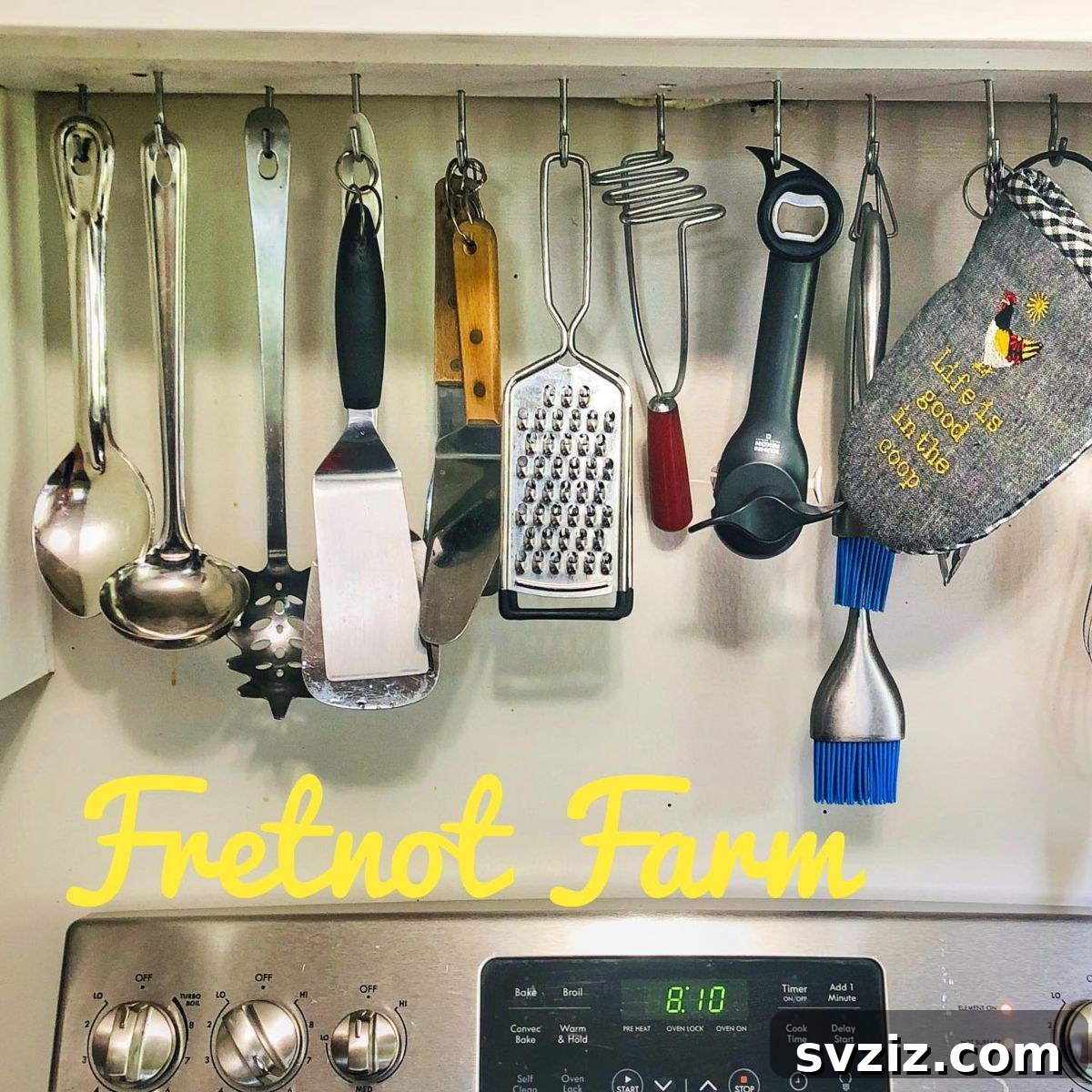 Hang spatulas, oven mitts, and cooking utensils on hooks above the stove for easy access and efficient space utilization.