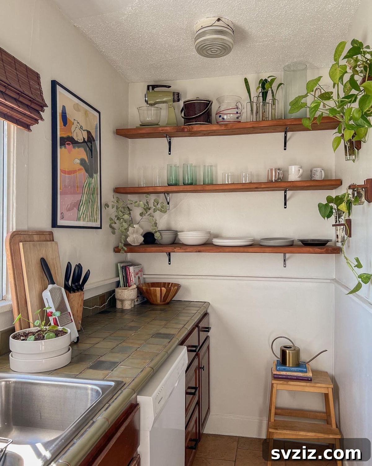 Install wall-to-wall open shelving in a small kitchen to maximize storage for dishes, glassware, and decorative items, enhancing perceived space.