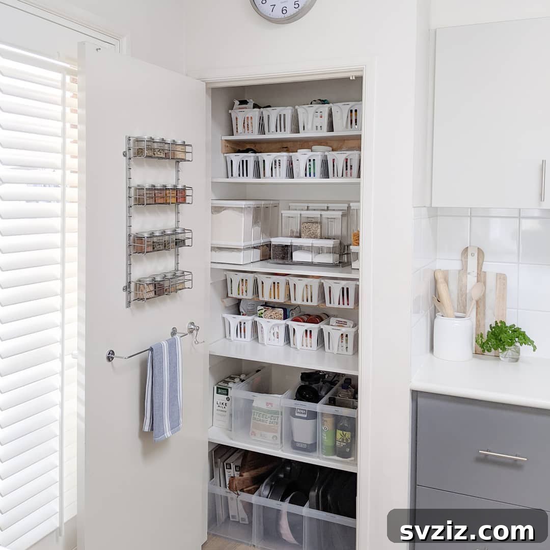 Create a neat and organized pantry using matching white and clear containers for dry goods, enhancing both aesthetics and accessibility.