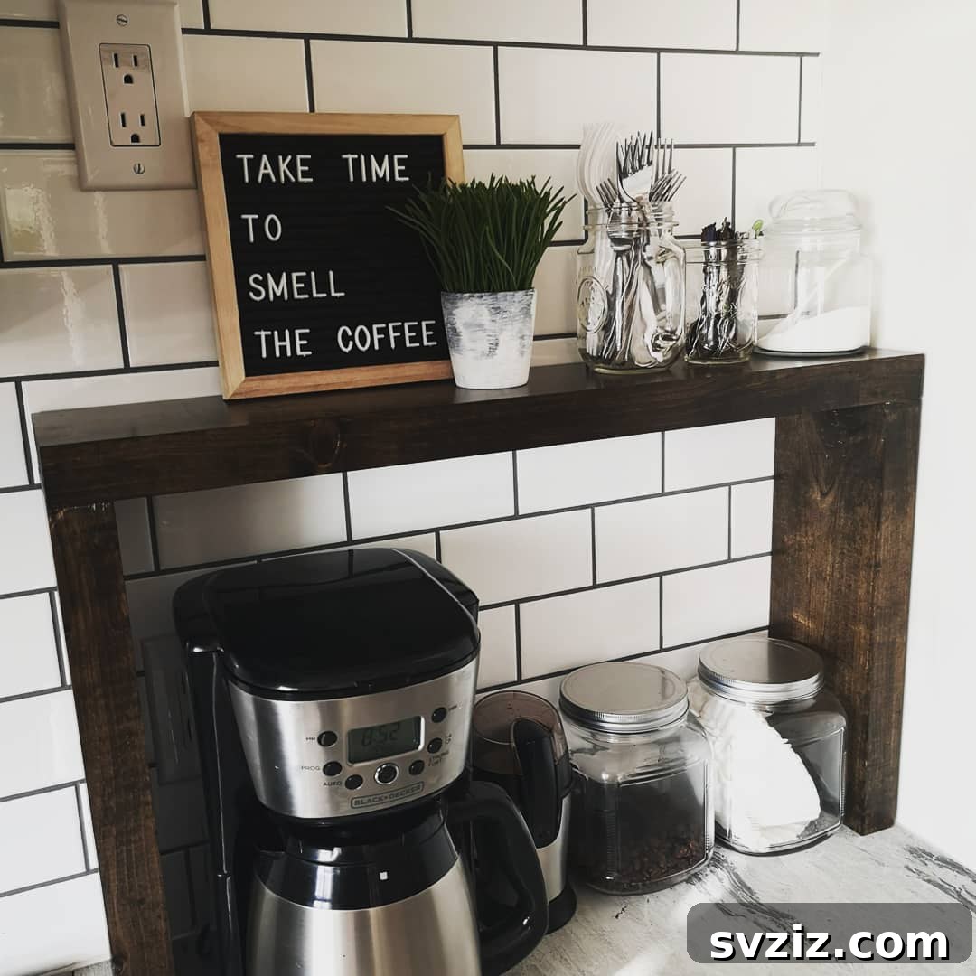 Set up a charming coffee bar on a kitchen counter shelf, organizing mugs, coffee makers, and accessories for easy access.