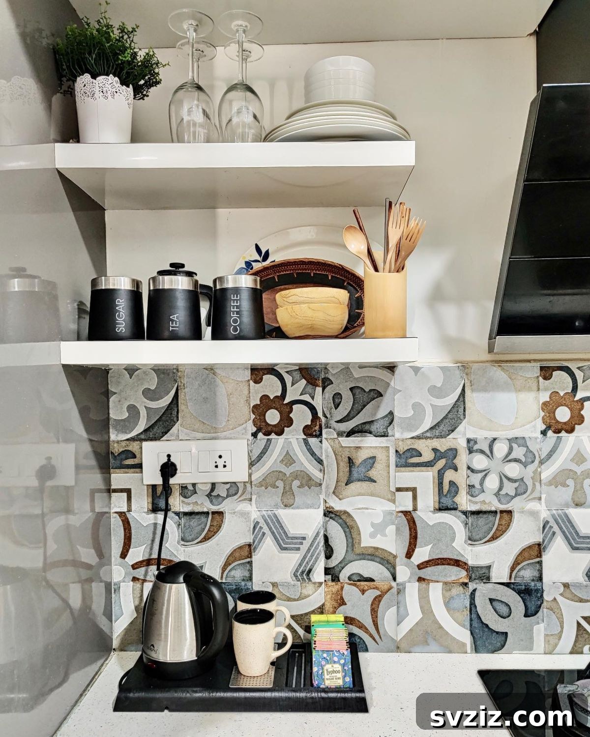 Install towering vertical shelving to maximize storage in a kitchen, reaching up to the ceiling for seldom-used items and decorative displays.
