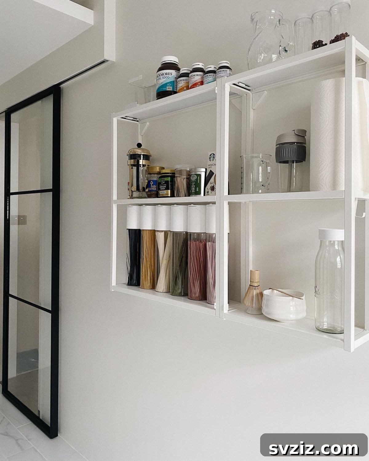 Install a stylish kitchen wall rack for open shelving, combining aesthetic appeal with practical storage for kitchen essentials.