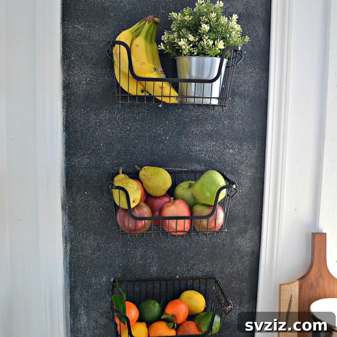 Hang wire baskets on kitchen walls to store fruits, vegetables, dish rags, and sponges, maximizing vertical storage.