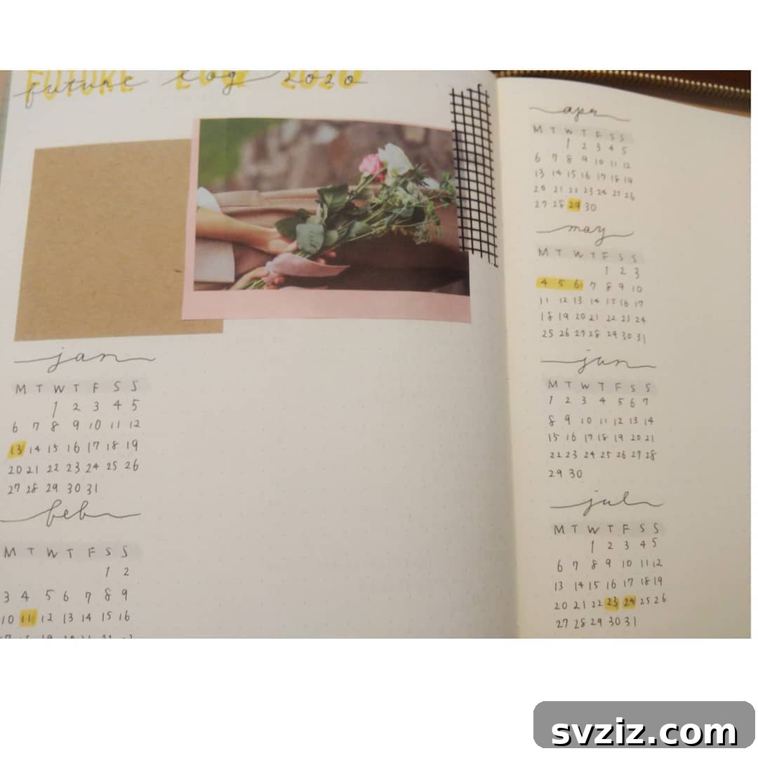 20 Fresh Bullet Journal Future Log Layouts to Inspire Your Year 15 Photo Log Integrated into Bullet Journal Future Spread