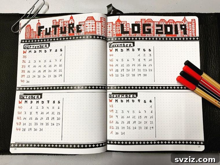 20 Fresh Bullet Journal Future Log Layouts to Inspire Your Year 22 Urban Gal Future Log Design with City Skyline Silhouette