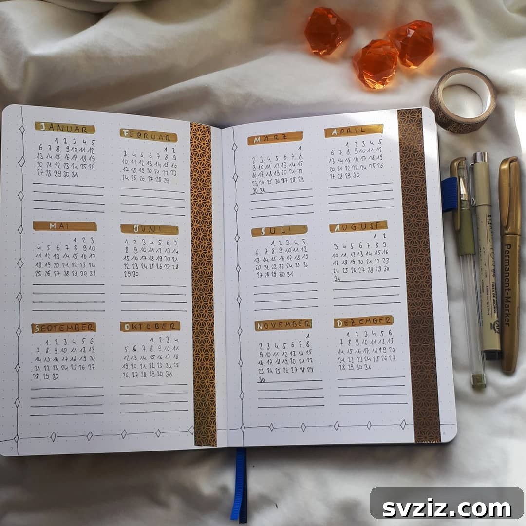 20 Fresh Bullet Journal Future Log Layouts to Inspire Your Year 5 Future Log Design with Golden Accents and Shimmer