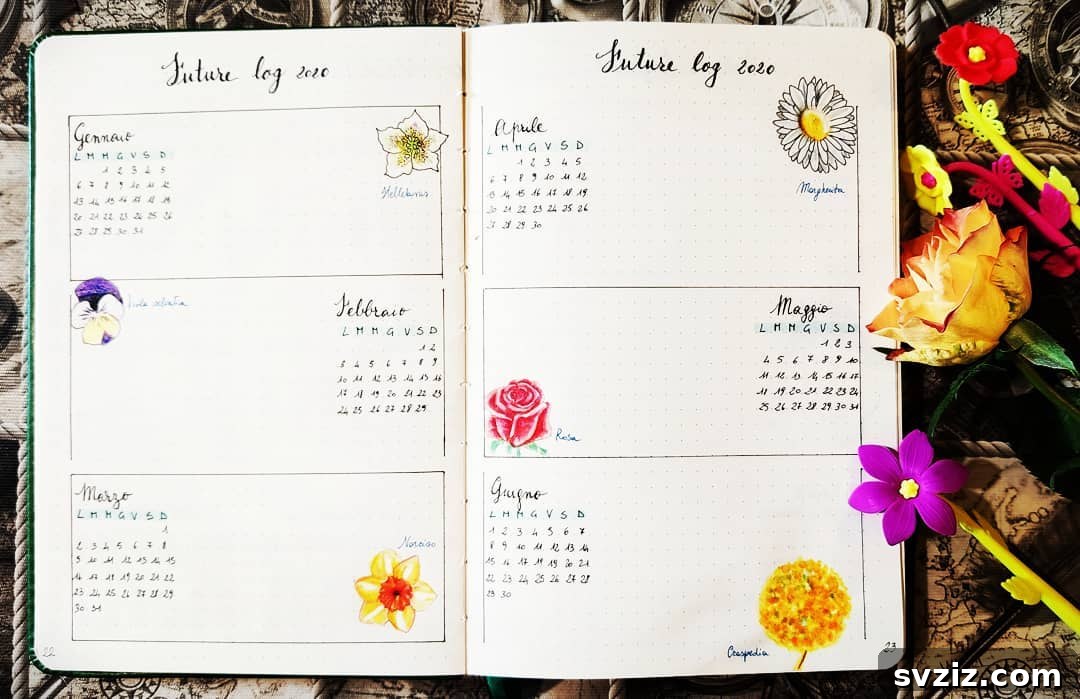 20 Fresh Bullet Journal Future Log Layouts to Inspire Your Year 7 Floral Bullet Journal Future Log with Hand-Drawn Elements