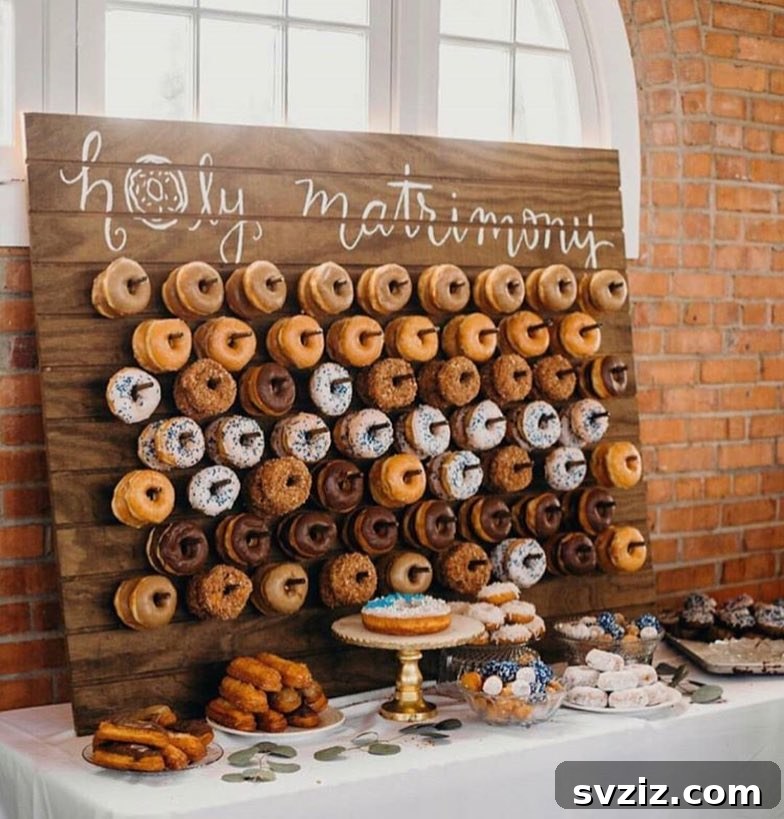 27 Absolutely Adorable Wedding Details for Your Big Day 11 Donut table with Holey Matrimony sign for wedding dessert
