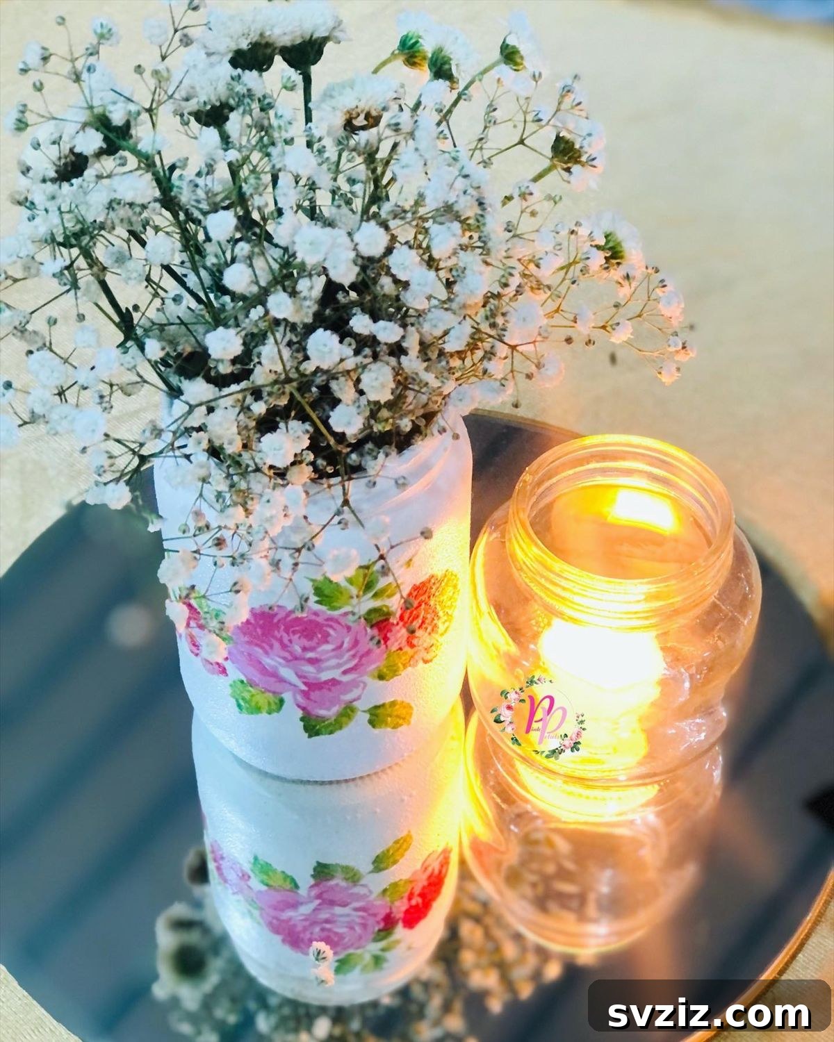 27 Elegant Round Table Wedding Centerpiece Inspirations 20 DIY wedding centerpiece with creatively decorated everyday glass jars holding simple floral displays.