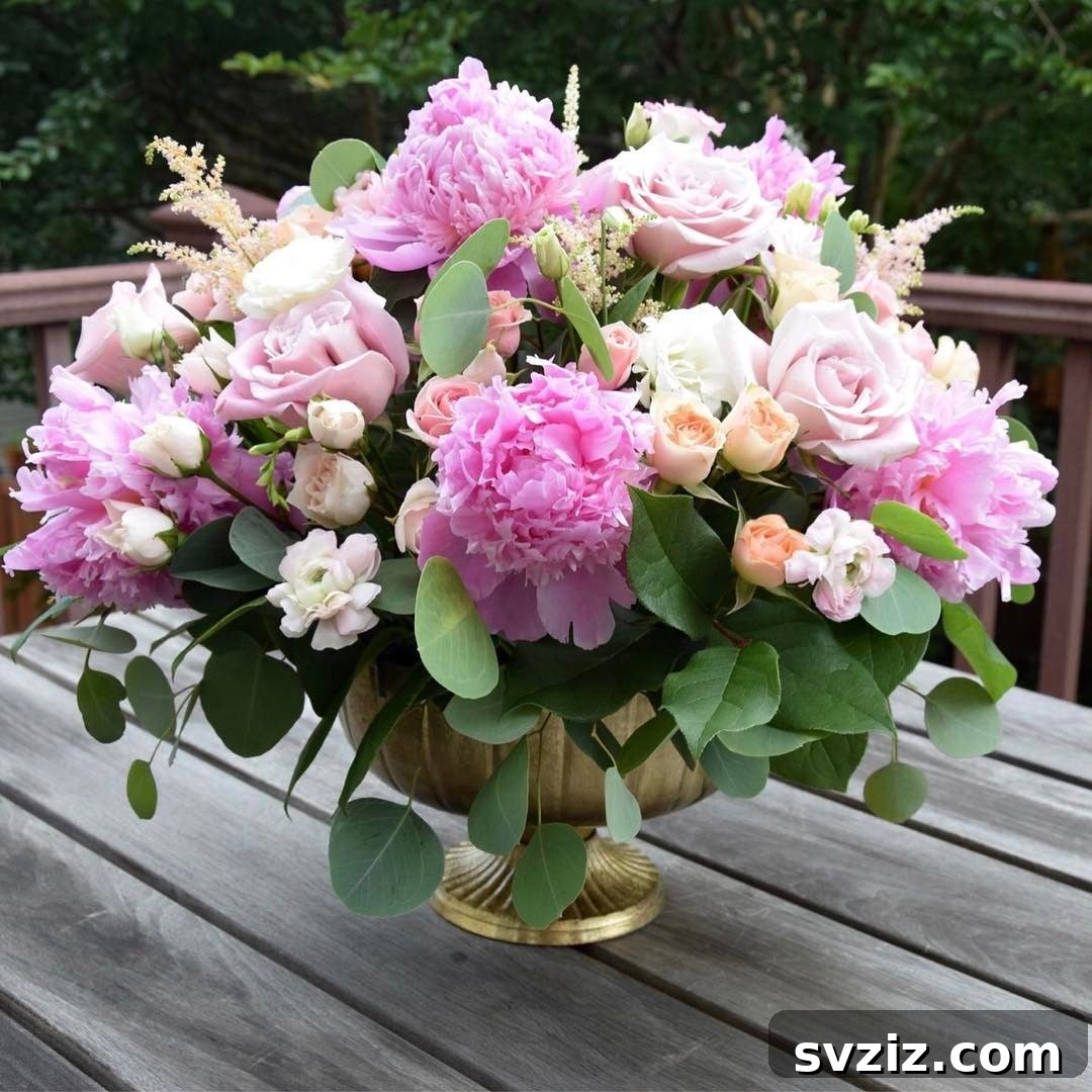 27 Elegant Round Table Wedding Centerpiece Inspirations 9 Romantic pink themed floral centerpiece with varying shades of pink and white blooms.