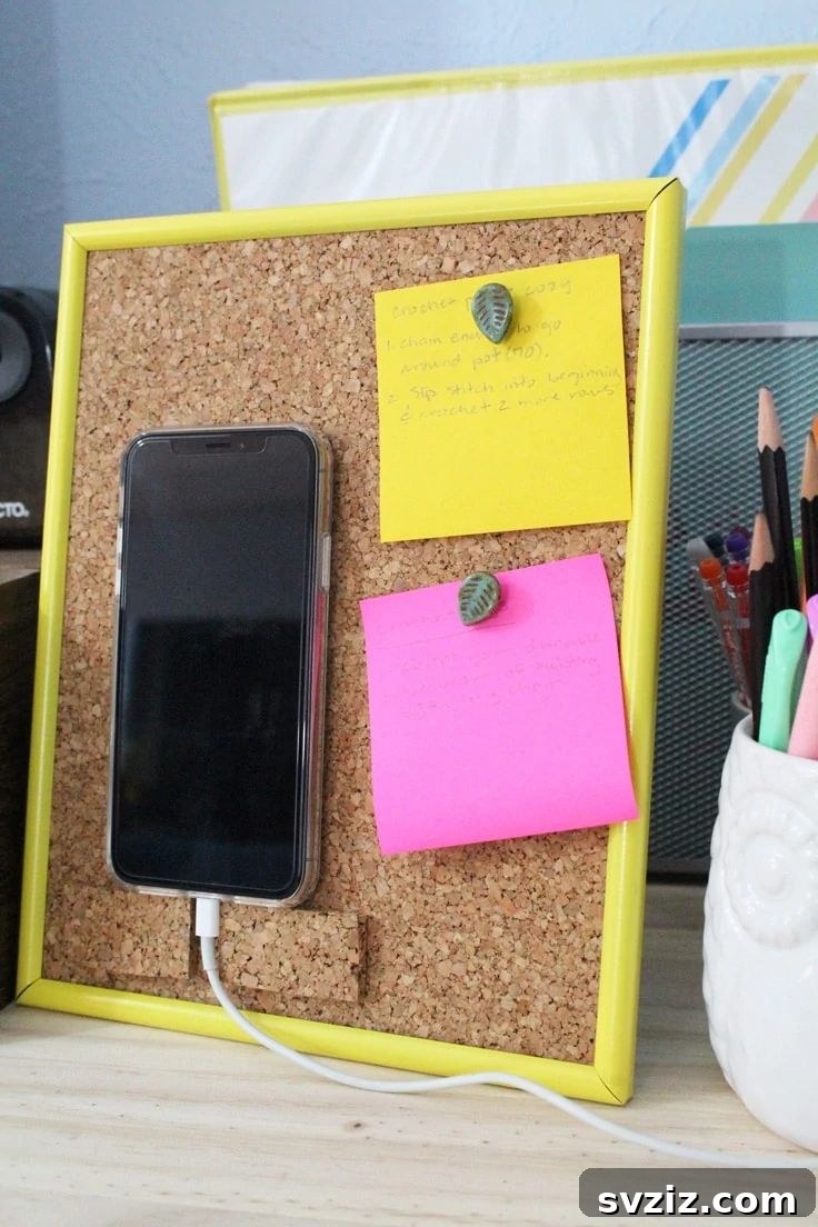 Pocket-Friendly Productivity: 31 Office Organization Hacks 11 DIY Cork Board Phone Stand with attached notes