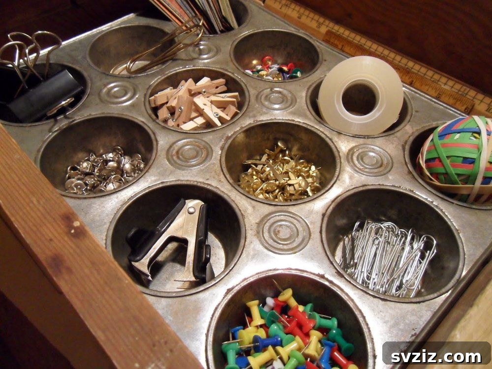 Pocket-Friendly Productivity: 31 Office Organization Hacks 12 Muffin tin repurposed as an organizer for small office supplies