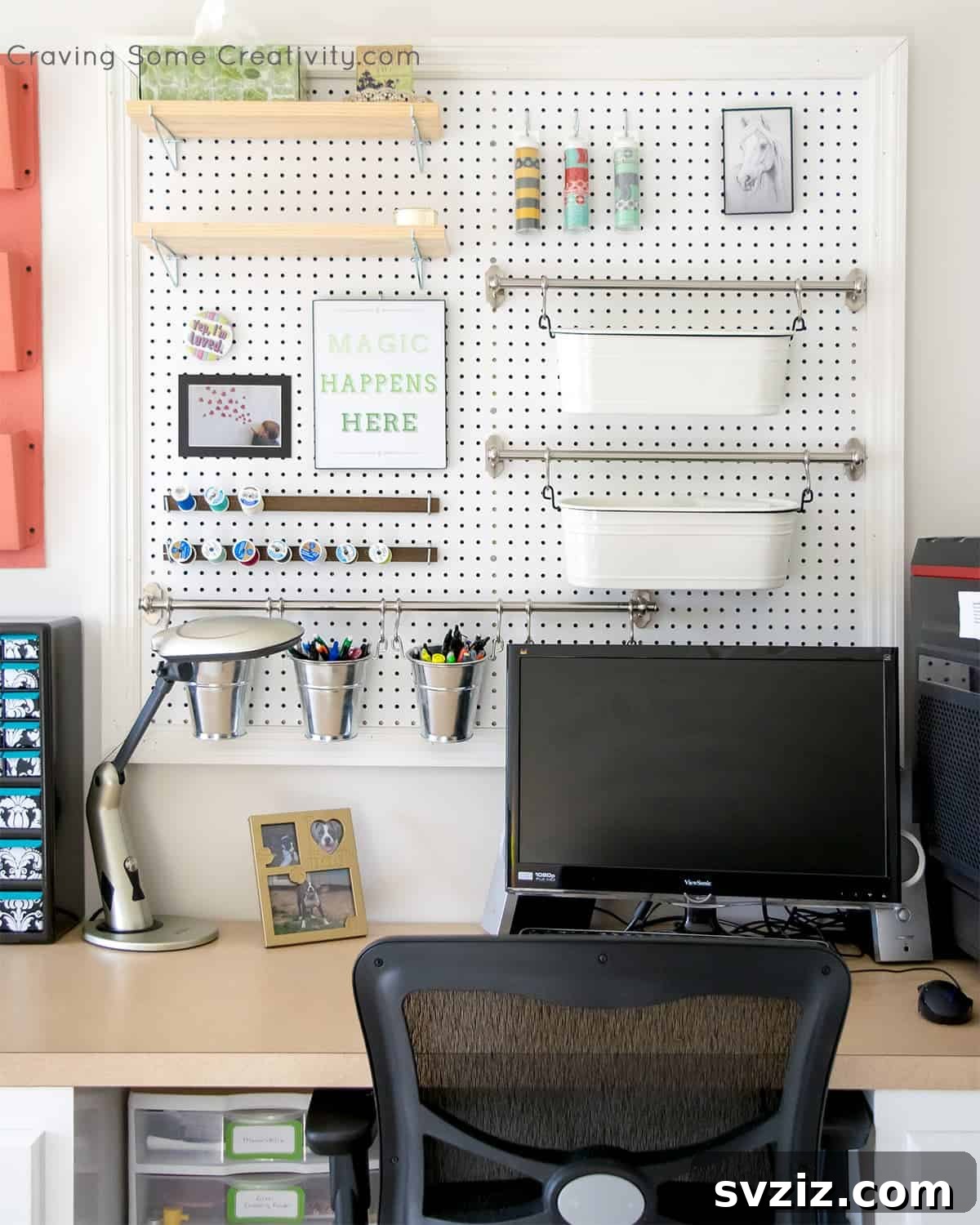 Pocket-Friendly Productivity: 31 Office Organization Hacks 13 Custom Pegboard Wall Organizer with rails, buckets, and hooks for office supplies