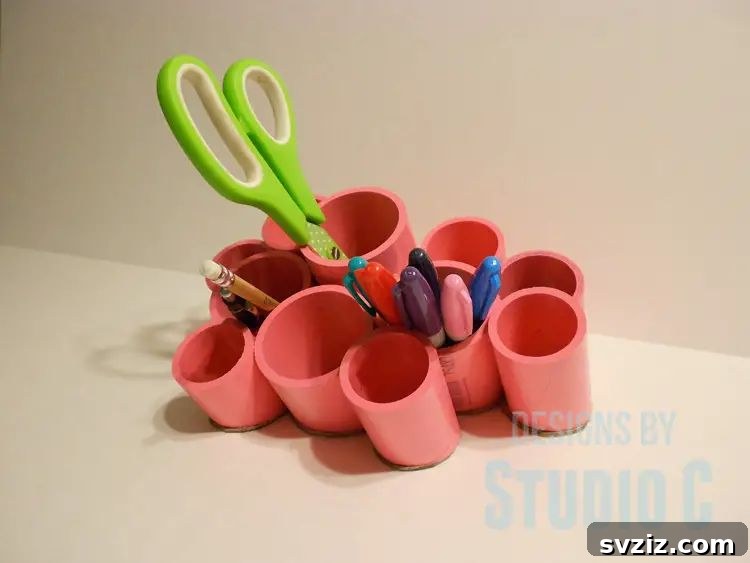 Pocket-Friendly Productivity: 31 Office Organization Hacks 16 DIY PVC Organizer for desk supplies