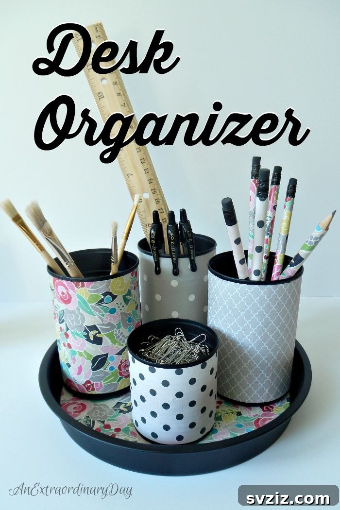 Pocket-Friendly Productivity: 31 Office Organization Hacks 17 Upcycled Tin Can Desk Organizer with a dollar store cake pan base