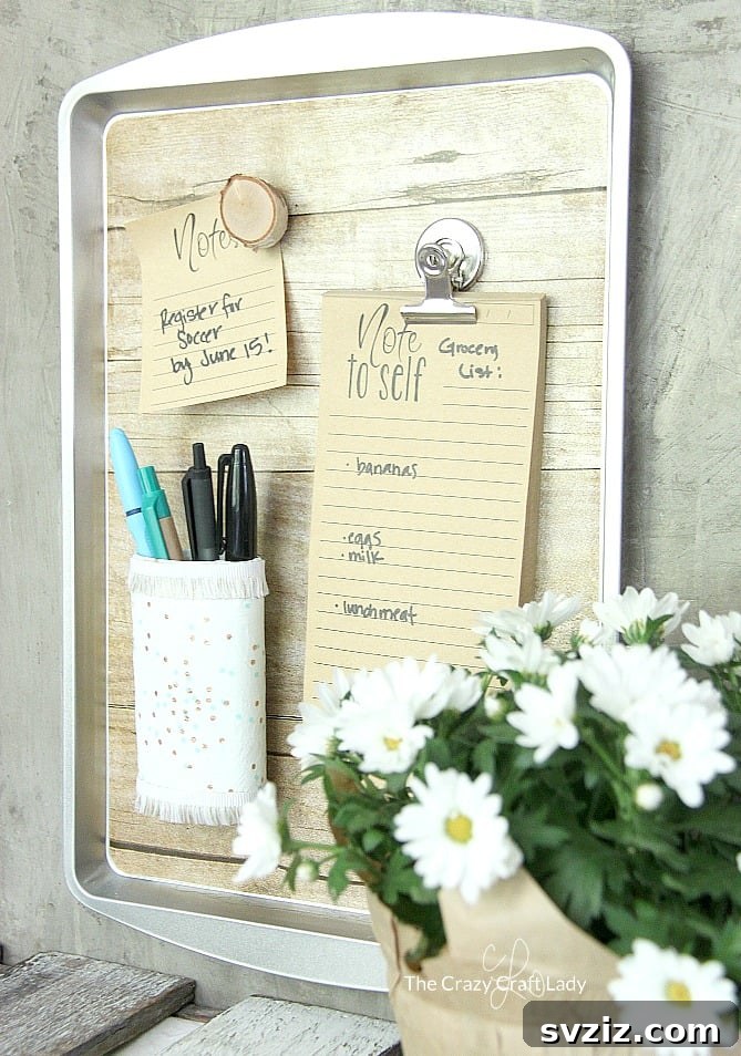 Pocket-Friendly Productivity: 31 Office Organization Hacks 32 Cookie Sheet Magnetic Organizer with upcycled tin can for pens