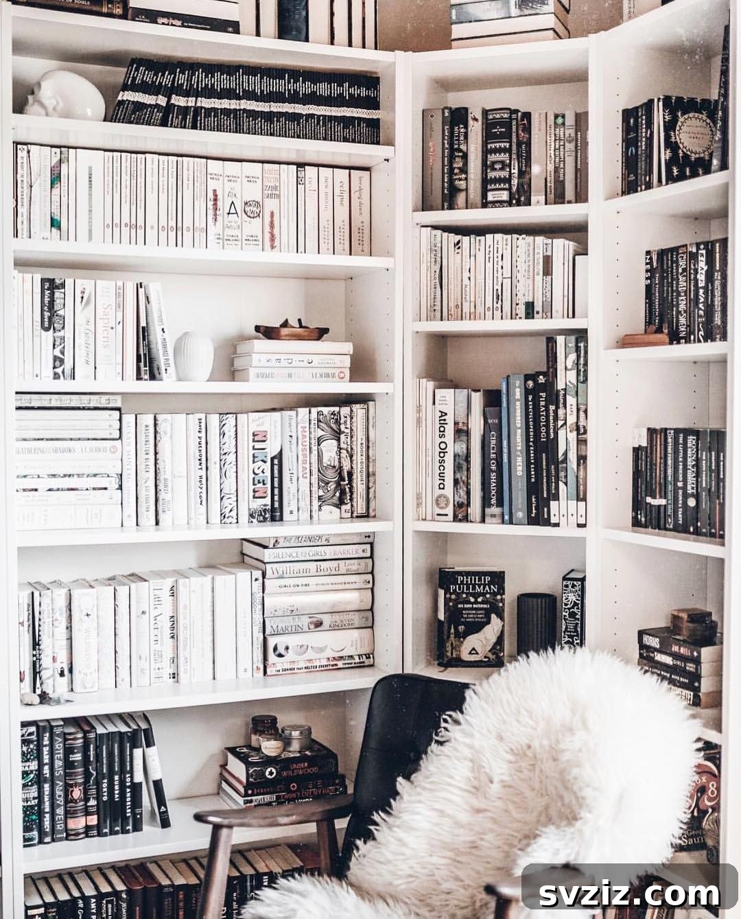 Chic monochromatic bookshelf with black and white books, creating a modern and organized display.