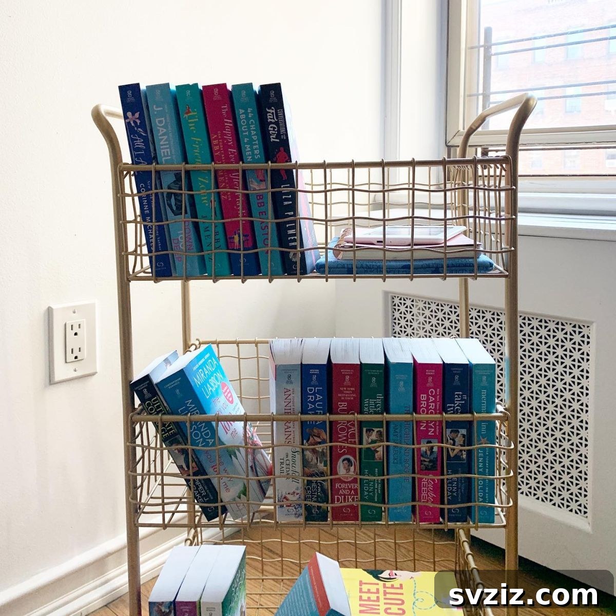 Practical wire cart organized with books, offering mobile storage for diverse items.