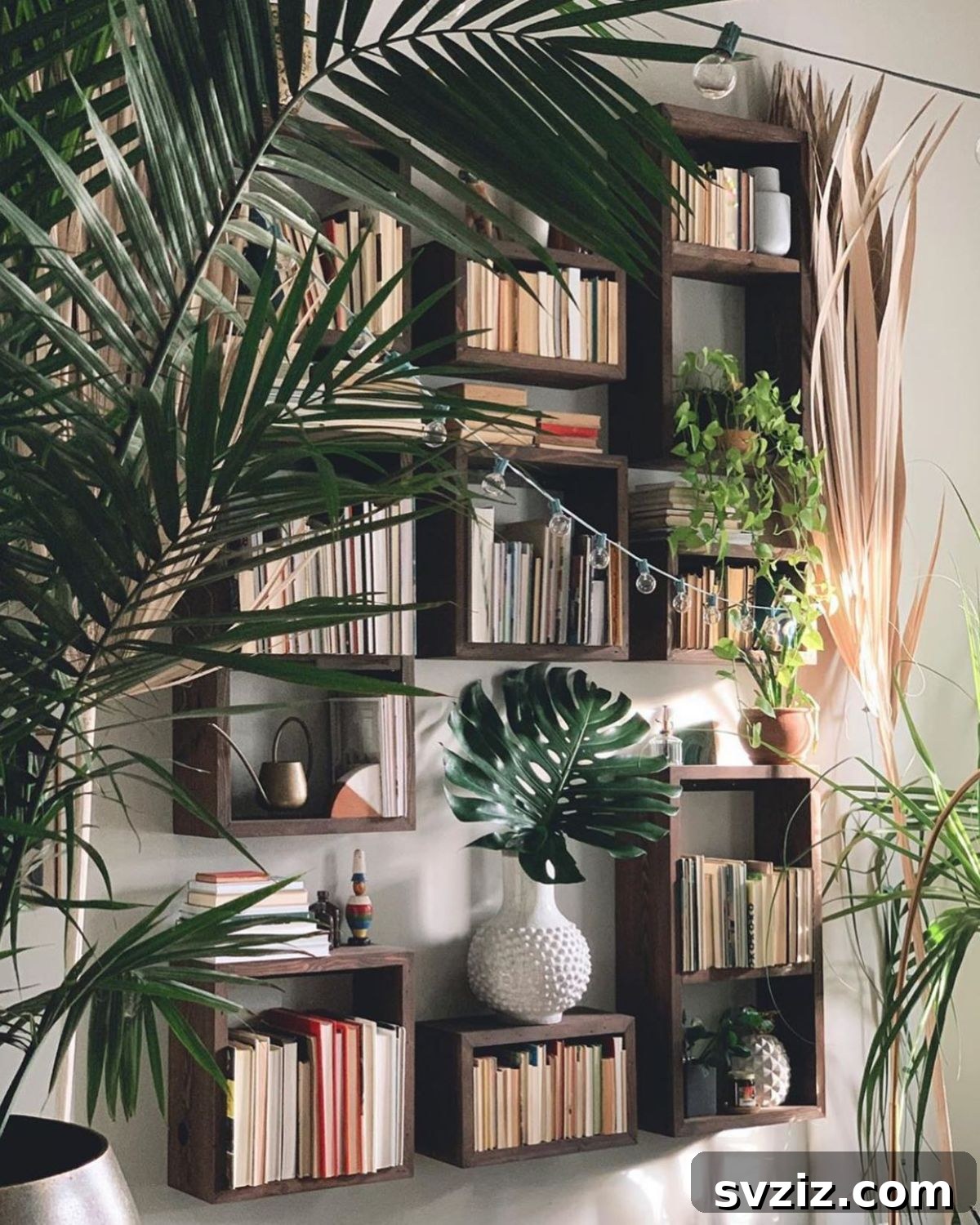 Unusual back-to-front bookshelf with books facing inwards, complemented by lush tropical plants.