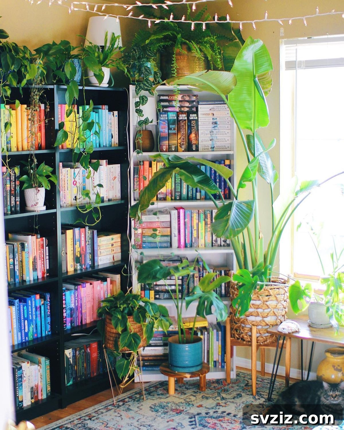 Tropical forest-themed bookshelf adorned with numerous green plants, creating an indoor jungle aesthetic.