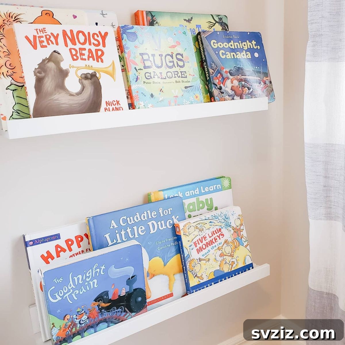 Colorful kiddies bookshelf displaying children's book covers outwards, ideal for promoting early reading.