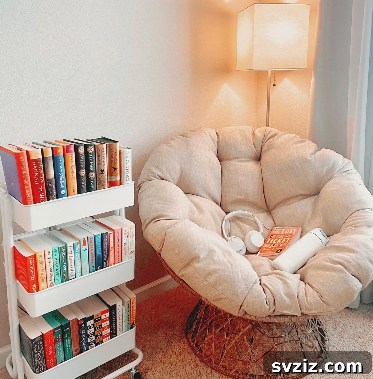 Stylish rolling metal cart for easy access to books, perfect for creating a portable reading nook.