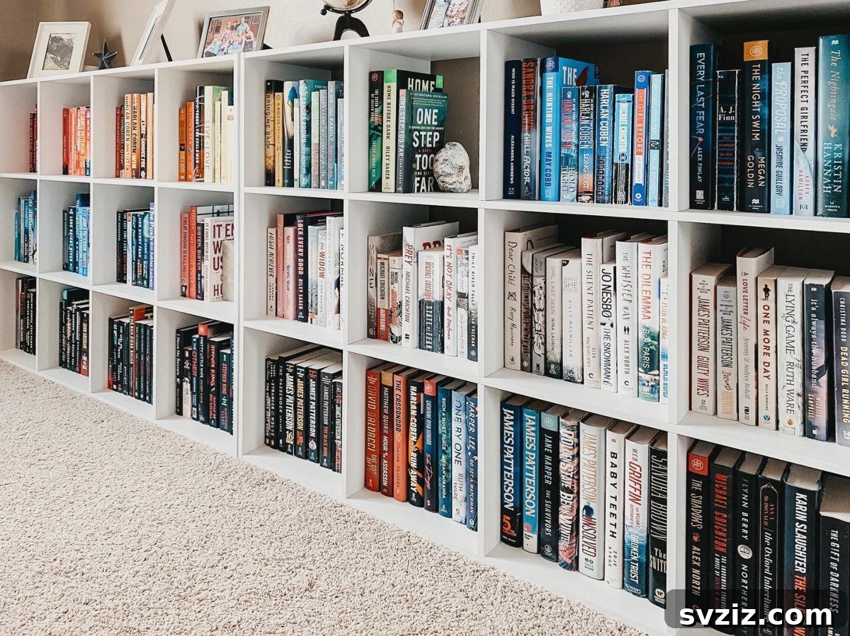 Chic wall-to-wall low bookshelf adorned with books and decorative items, providing both storage and display space.